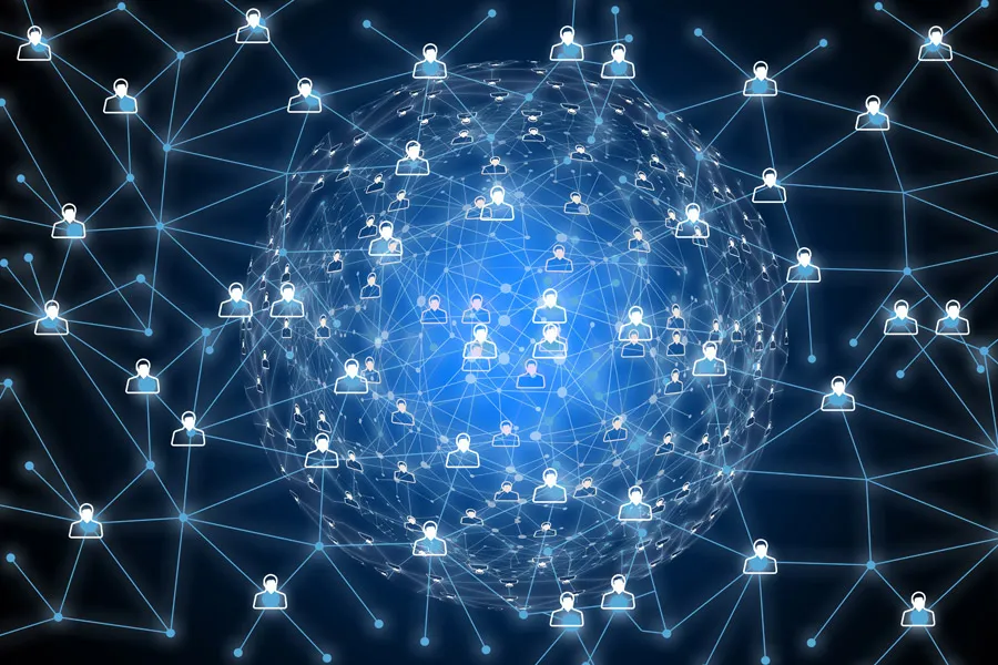 無数の小さな点が繋がり、大きな光の塊になる様子。情報伝達のイメージ。