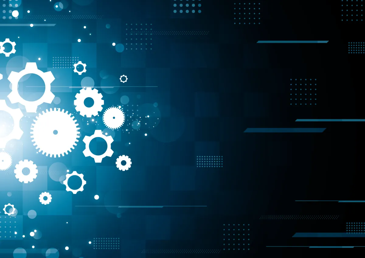 歯車が噛み合い、データが流れ、拡散していく様子。